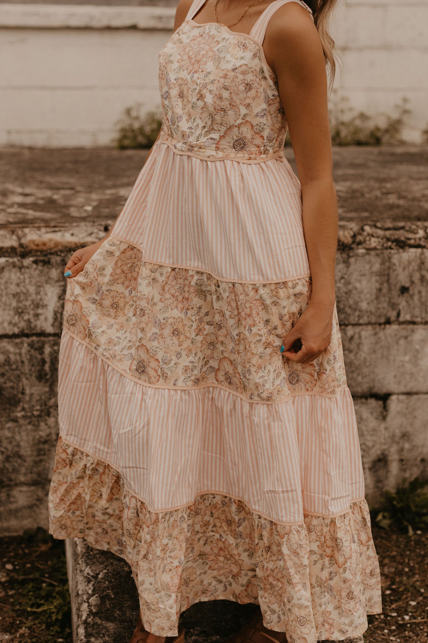 DREAMY IDEAL TIERED MIDI DRESS MIXED IN FLORALS AND STRIPES