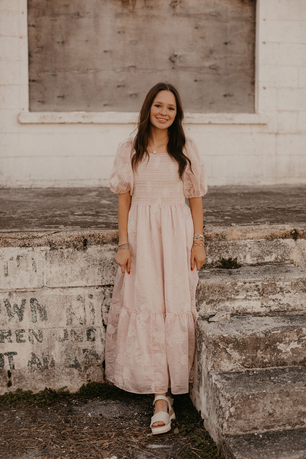 EMBROIDERED SMOCKED MAXI DRESS
