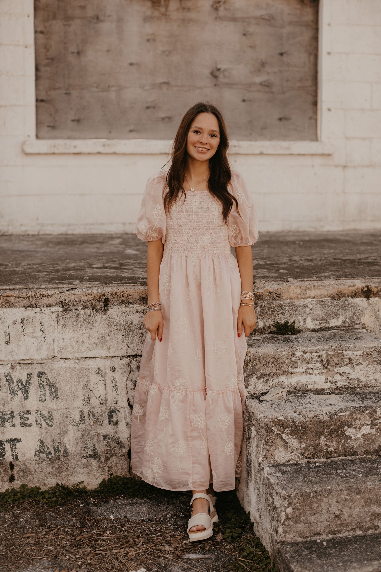 EMBROIDERED SMOCKED MAXI DRESS