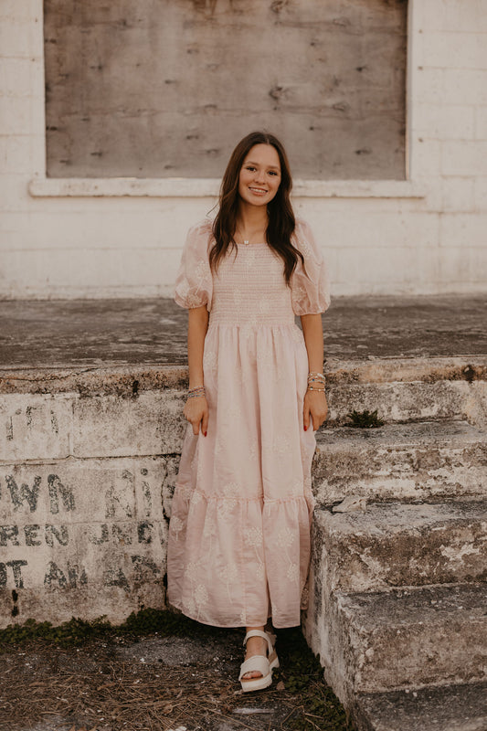 EMBROIDERED SMOCKED MAXI DRESS