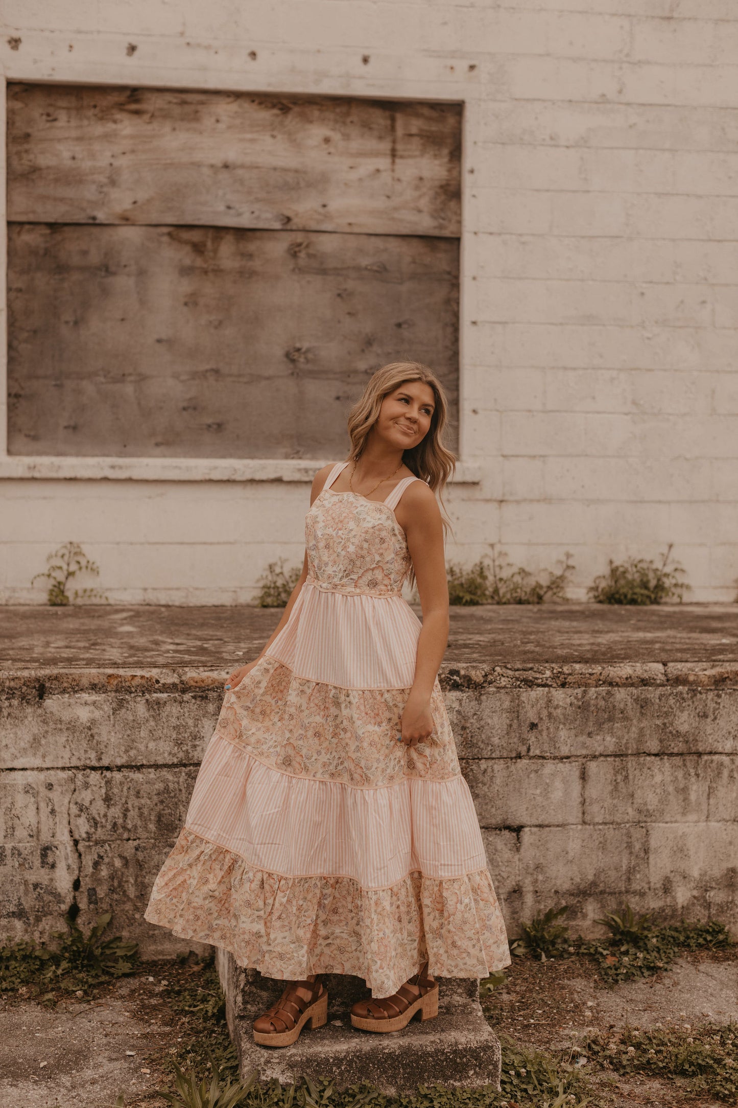 DREAMY IDEAL TIERED MIDI DRESS MIXED IN FLORALS AND STRIPES