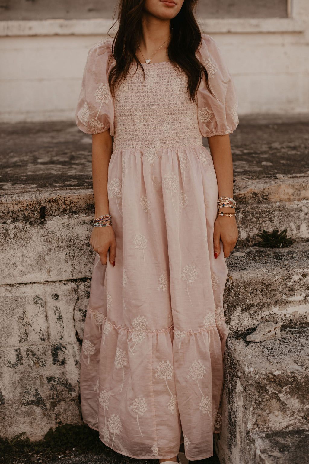 EMBROIDERED SMOCKED MAXI DRESS