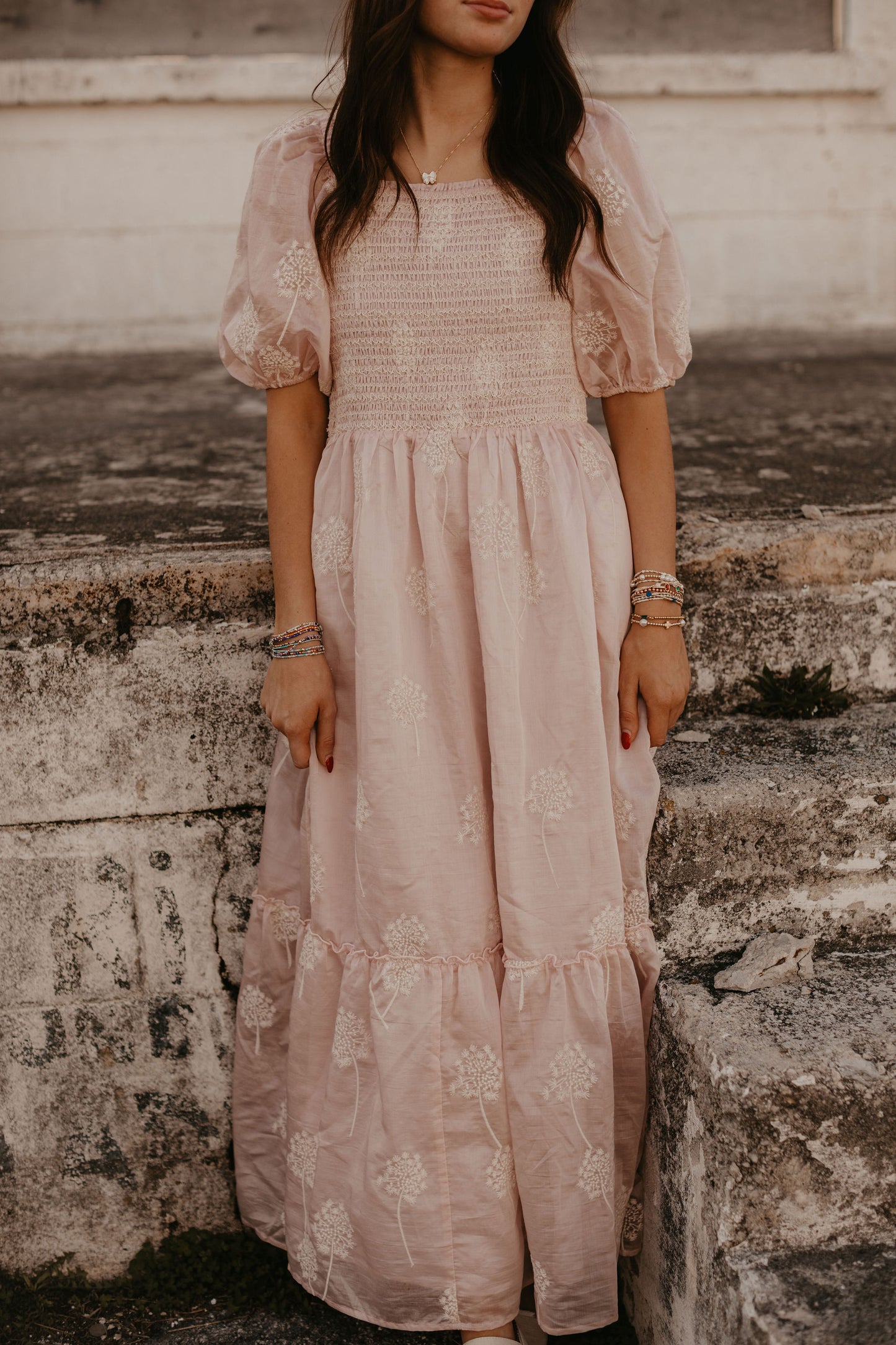 EMBROIDERED SMOCKED MAXI DRESS