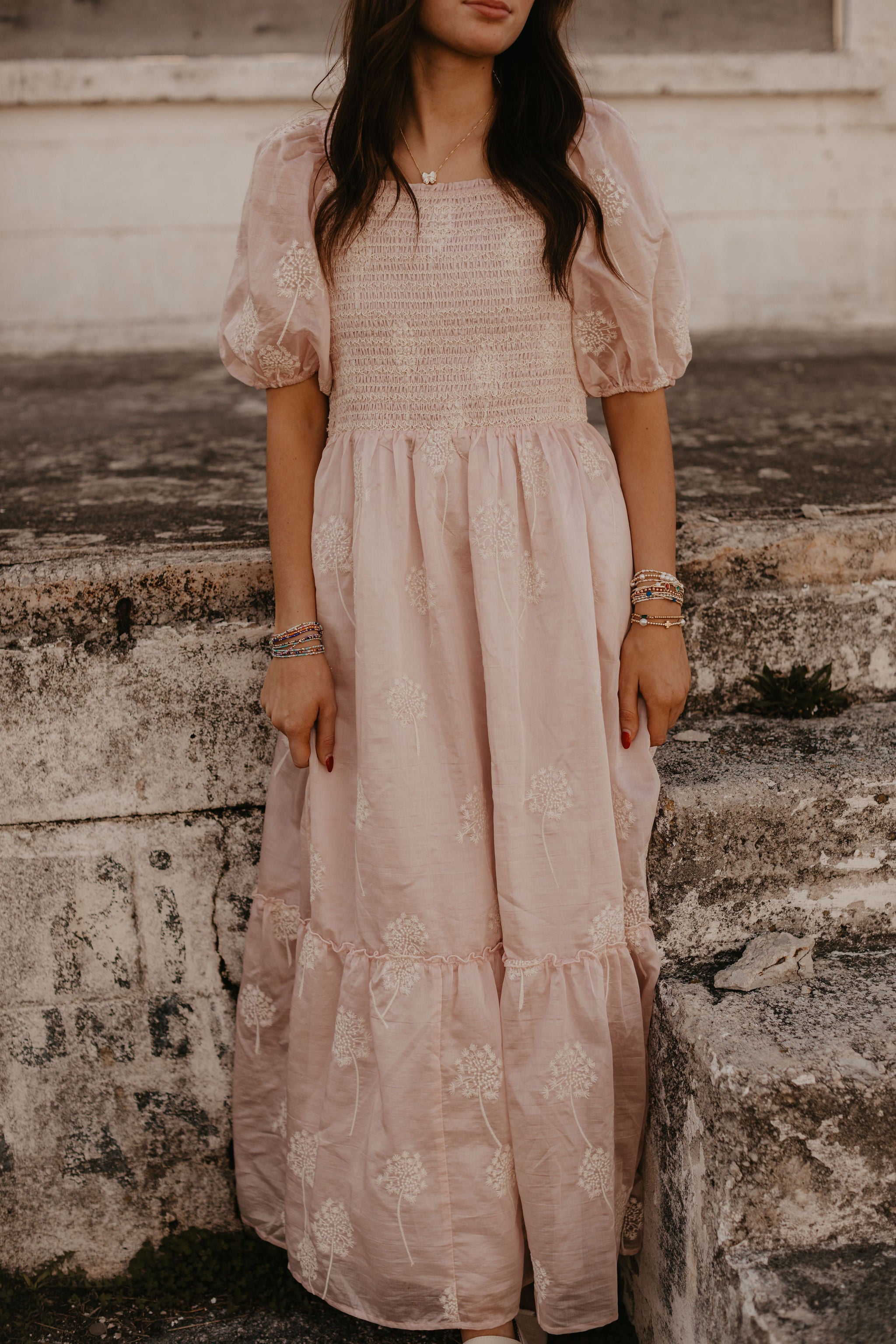 EMBROIDERED SMOCKED MAXI DRESS