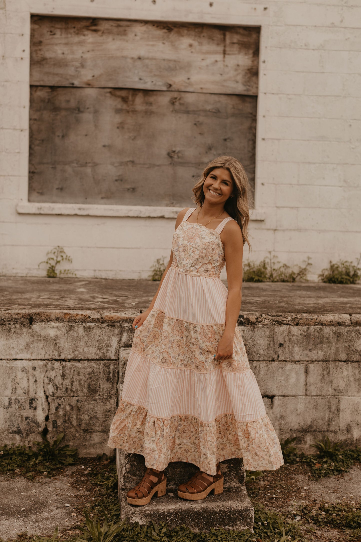 DREAMY IDEAL TIERED MIDI DRESS MIXED IN FLORALS AND STRIPES